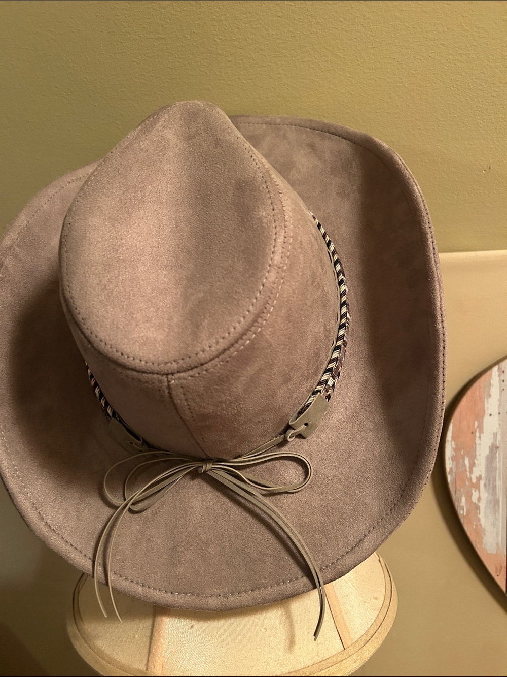 CC Boutique taupe suede-look western hat with braided band
